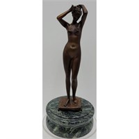 Bronze Nude Lady Sculpture 10" Figure On Marble B
