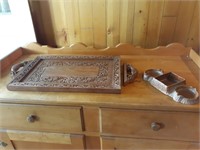 Ornate wooden tray and ashtray