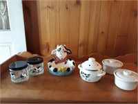 Cow decorative items and 2 syracuse china covered