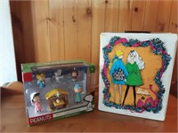 Barbie case and contents and peanuts nativity set