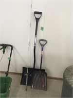 fishing rod, 2 snow shovels, 1 adjustable handle