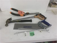 saws, hammer, garden clippers, peg hook