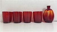 4 Glasses & Jar Red W/ Gold Trim On Bottom
