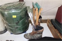 SLEEPING BAG, CAMP STOOLS AND HUNTING BOOTS (SIZE