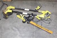 RYOBI WEED EATERS AND HEADGE TRIMMER, BATTERY AND