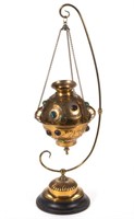 VICTORIAN BRASS JEWELED HALL LAMP WITH STAND,