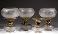 ENGRAVED GLASS KEROSENE BRACKET LAMPS, LOT OF