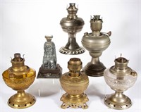 ASSORTED METAL AND GLASS KEROSENE STAND LAMPS,