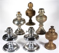 ASSORTED BRASS AND NICKEL KEROSENE STAND LAMPS,