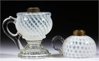ASSORTED OPALESCENT GLASS KEROSENE FINGER LAMPS,