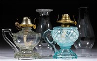 ASSORTED GLASS KEROSENE FOOTED FINGER LAMPS, LOT