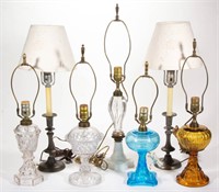 ASSORTED GLASS KEROSENE LAMPS, LOT OF SEVEN,