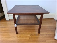Mid-Century Modern Oak Wood Low Table W/Bamboo She