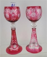 Pr Antique Engraved Cased Red English Tall Goblets