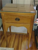 Vintage Maple Drawer End Table w/Glass Top