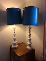 Pair of MCM White Tall Lamps w/Blue Shades