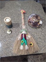 Scarecrow/Broom Decoration, Glass Potpourri Bowl