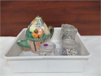 Jewelry, Teapot, Shells, Jar in Refrigerator Tray