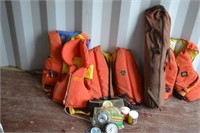 Life jackets (4 sml)- scuba mask, camp chair,