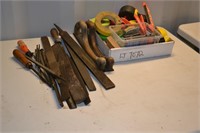 Various files, drill bits, small level, tapes
