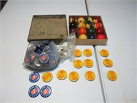 Golf Balls, Pin Buttons, Brunswick Billiard Balls.