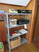 Metal Shelf w/ Cases, Puzzles, Books, misc.
