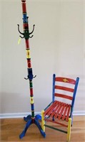 PAINTED COAT RACK, LADDER BACK PAINTED CHAIR