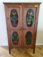 LEADED STAINED GLASS PINE CABINET