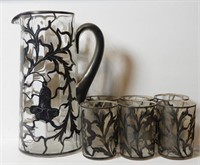 Lot #1402 - 7pc Silver overlay pitcher and cup