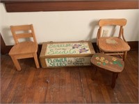 2 children's chairs, decorative flower seed box,