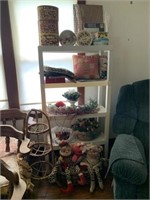 plastic shelf & contents incl. tins, cork board,