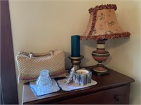 table lamp, candle & holder, candle, woven bag