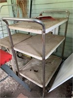 vintage enamel kitchen cart, step stool, basket,