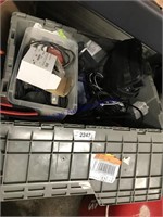 GRAY TUB--ASSORTED ELECTRONICS, CAMERA, WIRES