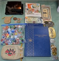 Lot: marbles, stamps, foreign currency and coins,