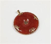 Large 14k yellow gold and red Jade circle Pendant