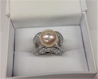 .925 Sterling Silver Pearl & CZ Ring