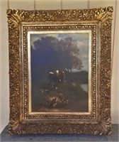 EXC. FRAMED OIL PAINTING OF COWS ON PATH W/ DUCKS