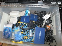 shelf lot box of wires, routers, printer more