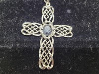 Vintage Silver Toned Lace Cross Necklace 14inL