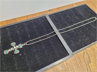 Silver Tone Bling + Blue Stone Cross Necklace 14L