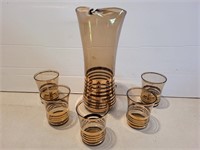 Vintage Amber Glass - Gold Striped Juice Jug + 5