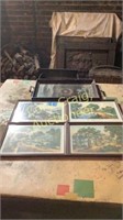 4 antique pictures and serving tray Hunting