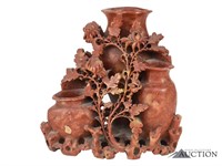 Hand Carved Red Soapstone Vases w/ Flowers