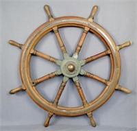 A  Large Antique Hardwood Ships Wheel with Brass