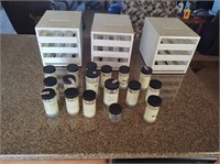 Box of Glass Spice Bottles and 3 Spice Racks