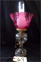 ANTIQUE OIL LAMP WITH ROSE SHADE