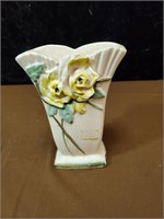 Pink with yellow roses McCoy vase approx 6 inches