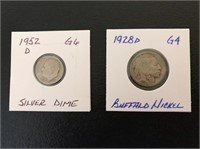 Coins: 1928D Buffalo Nickel/1952D Silver Dime