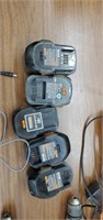 4 Ridged battery drills, 2 chargers and 5